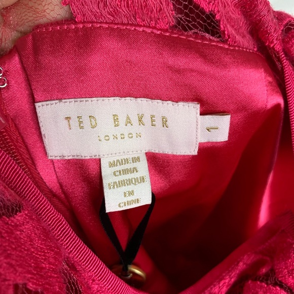 NWT TED BAKER Deep Pink Floral Overlay Sheer Lace Dress - Picture 4 of 7